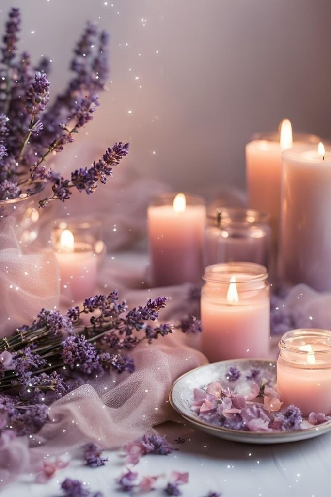 Bougies allumées et lavande